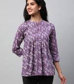 Pleated cotton bagru printed top with placket and button(purple).