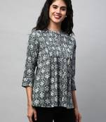 Pleated cotton bagru printed top with placket and button(grey).
