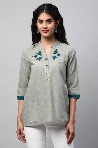 A-line top in cotton teal blue stripes with mirrorwork at neckline.