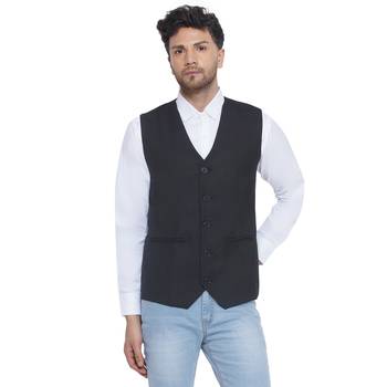 solid slub waist coat for men (black) 1