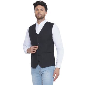 solid slub waist coat for men (black) 3