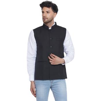 solid slub nehru jacket for men (black) 1