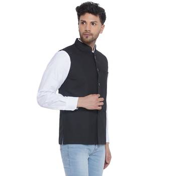 solid slub nehru jacket for men (black) 2