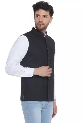 solid slub nehru jacket for men (black)