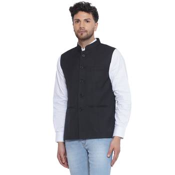 solid slub nehru jacket for men (black) 3
