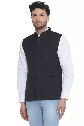 solid slub nehru jacket for men (black)
