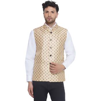 Veera paridhaan jacquard printed nehru jacket for men (gold beige) 1