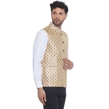 Veera paridhaan jacquard printed nehru jacket for men (gold beige) 2