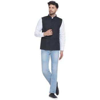 solid slub nehru jacket for men (black) 5