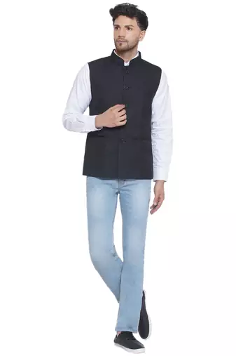 solid slub nehru jacket for men (black)