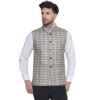 Veera paridhaan jacquard printed nehru jacket for men (beige) 1