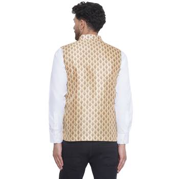 Veera paridhaan jacquard printed nehru jacket for men (gold beige) 4
