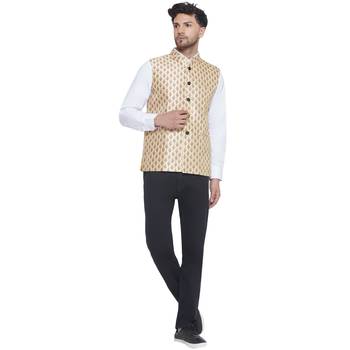 Veera paridhaan jacquard printed nehru jacket for men (gold beige) 5