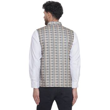 Veera paridhaan jacquard printed nehru jacket for men (beige) 4