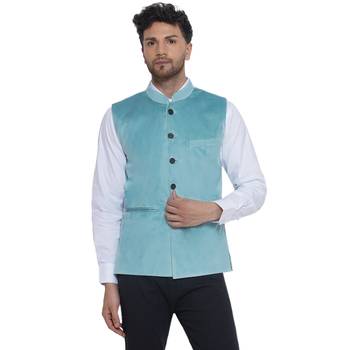 velvet solid nehru jacket for men(turquoise) 1