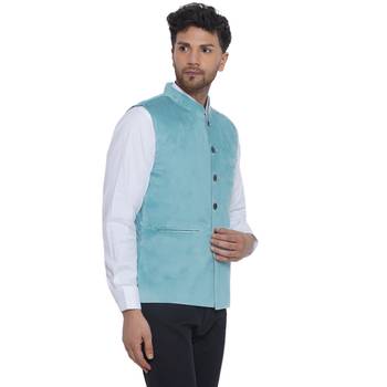 velvet solid nehru jacket for men(turquoise) 2