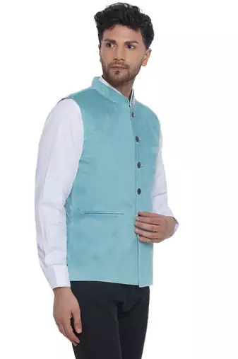 velvet solid nehru jacket for men(turquoise)
