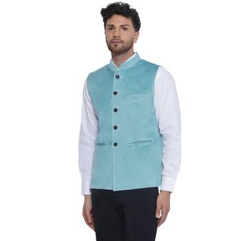 velvet solid nehru jacket for men(turquoise) 3