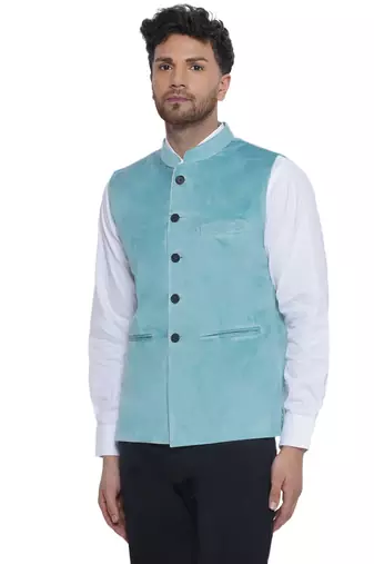 velvet solid nehru jacket for men(turquoise)