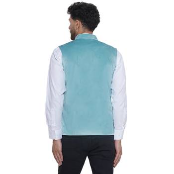 velvet solid nehru jacket for men(turquoise) 4