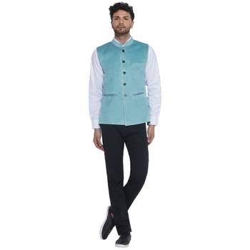 velvet solid nehru jacket for men(turquoise) 5