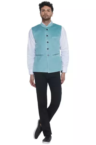 velvet solid nehru jacket for men(turquoise)