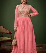 Pink Embroidered Georgette Stitched Jump Suit. Up To 42" Size