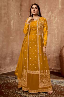 Mustard Embroidered Georgette Stitched Straight Suit. Up To 42" Size 1