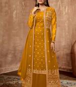Mustard Embroidered Georgette Stitched Straight Suit. Up To 42" Size