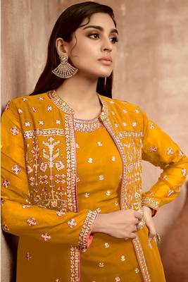 Mustard Embroidered Georgette Stitched Straight Suit. Up To 42" Size 2