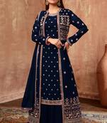 Blue Embroidered Georgette Stitched Straight Suit. Up To 42" Size