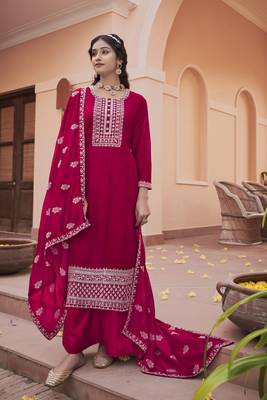 Pink Embroidered Art Silk Semi Stitched Straight Suit. Up To 42" Size 1