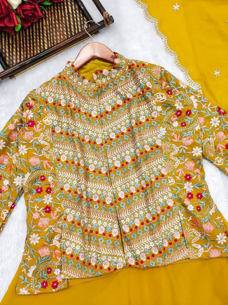 Yellow haldi function wear hand work Georgette peplum top lehenga with dupatta set for women