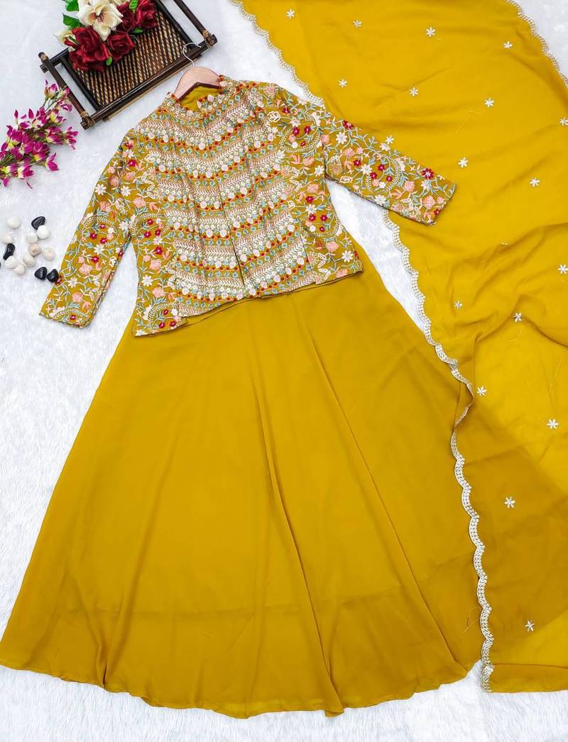 Yellow haldi function wear hand work Georgette peplum top lehenga with dupatta set for women