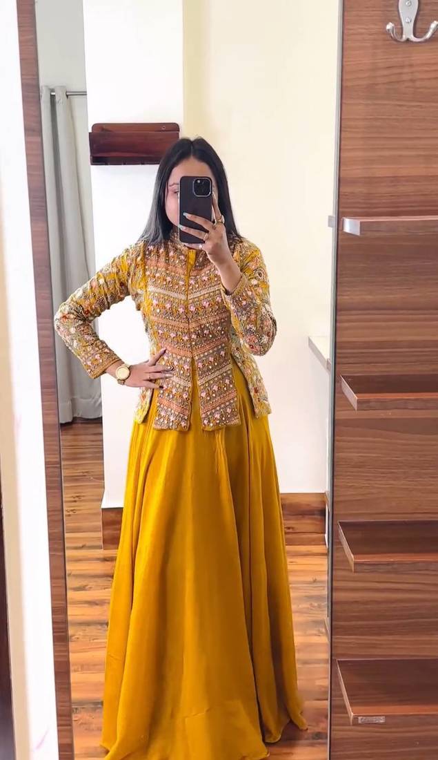 Yellow haldi function wear hand work Georgette peplum top lehenga with dupatta set for women