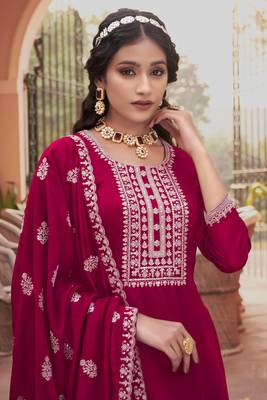 Pink Embroidered Art Silk Semi Stitched Straight Suit. Up To 42" Size 2
