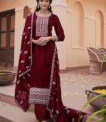 Maroon Embroidered Art Silk Semi Stitched Straight Suit. Up To 42" Size