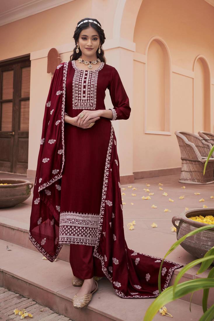 Maroon Embroidered Art Silk Semi Stitched Straight Suit. Up To 42" Size