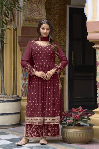 Maroon Embroidered Georgette Stitched Anarkali Suit. Free size full stitched Up To 42" Size