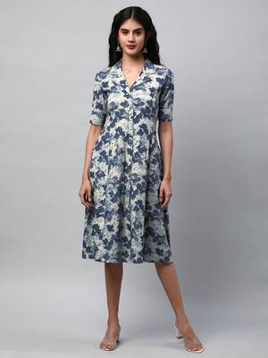 A-line cotton printed dress with pocket(blue). 1
