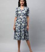 A-line cotton printed dress with pocket(blue).