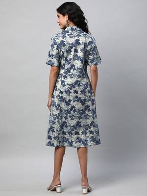A-line cotton printed dress with pocket(blue). 2