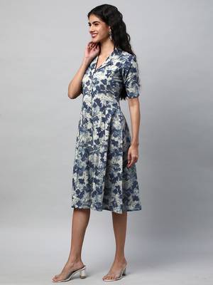 A-line cotton printed dress with pocket(blue). 3