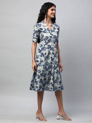 A-line cotton printed dress with pocket(blue). 4