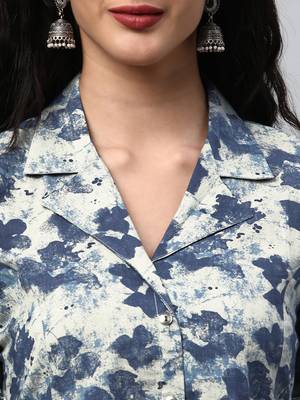 A-line cotton printed dress with pocket(blue). 5