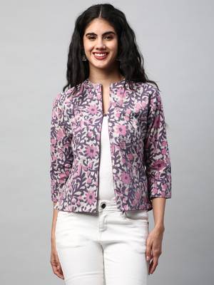 Reversible short jacket with floral hand crafted dhabu block print(purple). 1