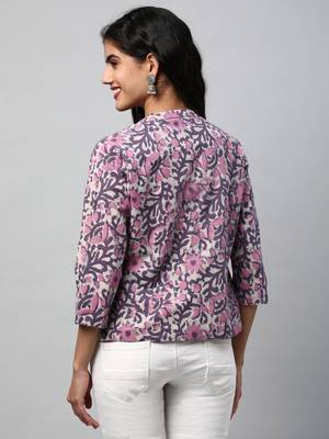 Reversible short jacket with floral hand crafted dhabu block print(purple). 2