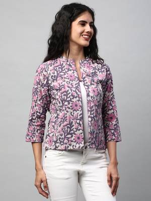 Reversible short jacket with floral hand crafted dhabu block print(purple). 4