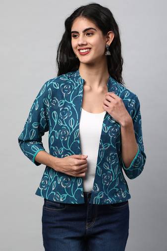Reversible short jacket with floral hand crafted dhabu block print(blue).