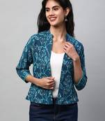Reversible short jacket with floral hand crafted dhabu block print(blue).